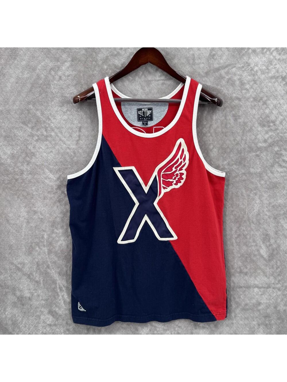 10 Deep Tank Top Shirt Mens XL Red Blue Winged X Jersey Victory Graphic Running